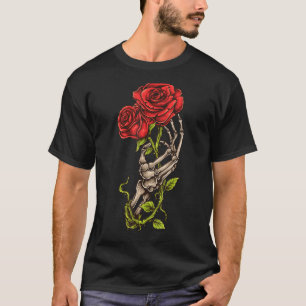 Camiseta Gótico Skeleton Hand Red Rose Flor Amor Y Muerte