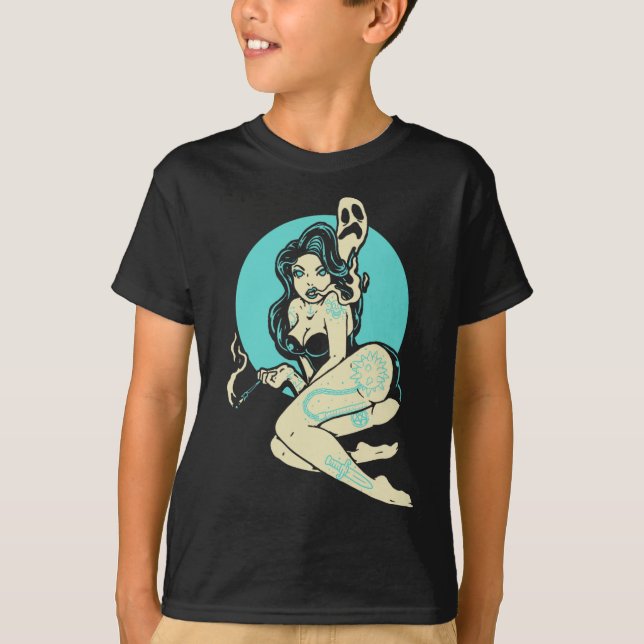 Camiseta Gótico tatuado Pin-up Chica Horror Fantasma Luna R (Anverso)