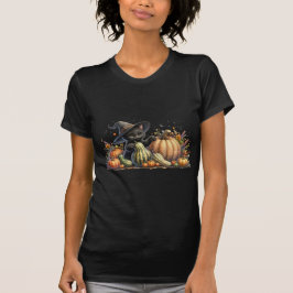 Camiseta Gourds de Halloween Black Witch's Kitten W/ Pumpki