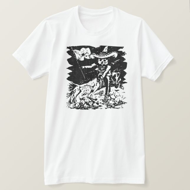 Camiseta Grabado Antiguo Jinete Esquelético Arte Folclórico (Anverso del diseño)
