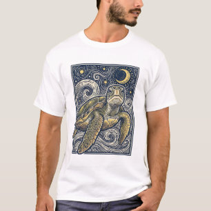 Camiseta Grabado Antiguo Tortuga Marina Noche Estrellada