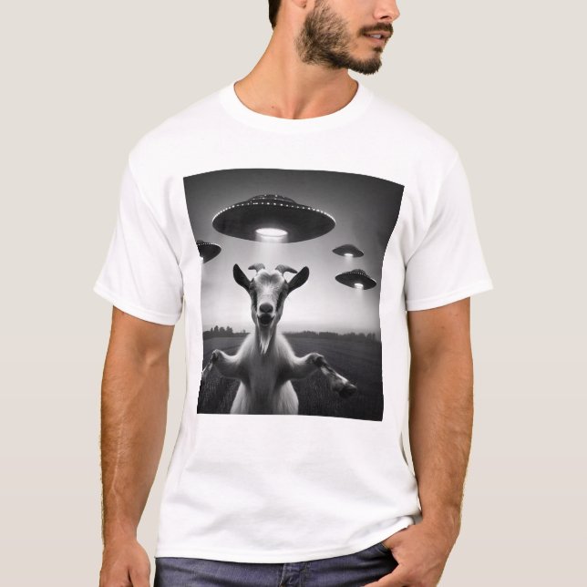 Camiseta Graciosa cabra alienígena OVNI Selfie con OVNIs (Anverso)