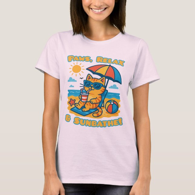 Camiseta Graciosa Cat Beach - Paws, Relax & Sunbat (Anverso)