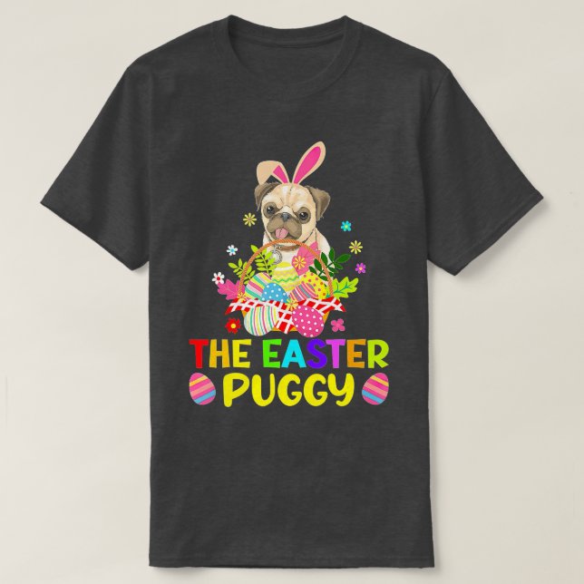 Camiseta Graciosa Cesta de Huevos de Areja de Pascua Pug Bu (Diseño del anverso)