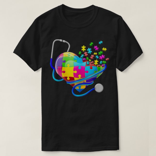Camiseta Graciosa Enfermera Autismo Rompecabezas Stethoscop (Diseño del anverso)