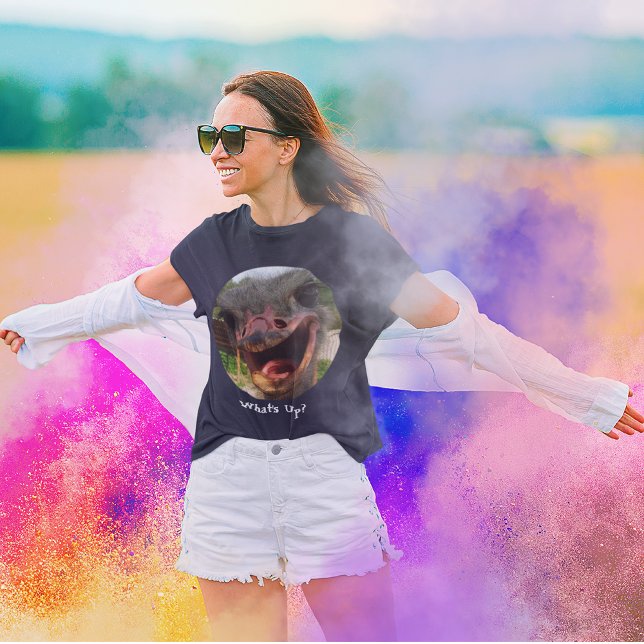 Camiseta Graciosa foto de pájaro de avestruz, ¿qué pasa con (Funny Ostrich Bird Photo What's Up Women's Dark T-Shirt)