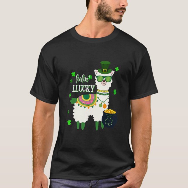 Camiseta Graciosa Lama St Patrick's Day Feelin' Lucky Mens  (Anverso)