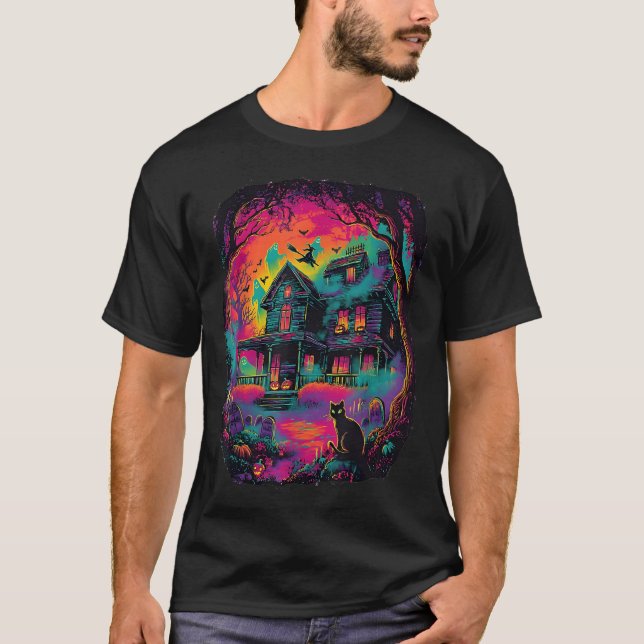 Camiseta Graciosa Neon S Ghost Black Cat Witch Halloween (Anverso)