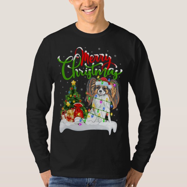 Camiseta Graciosa Papillon Dog Lover Xmas iluminando Papill (Anverso)