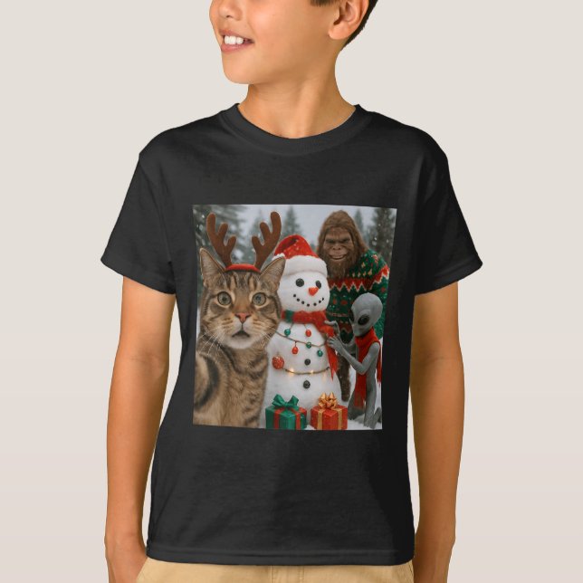 Camiseta Graciosa Selfie De Gato Navidad Con Alienígenas Y  (Anverso)