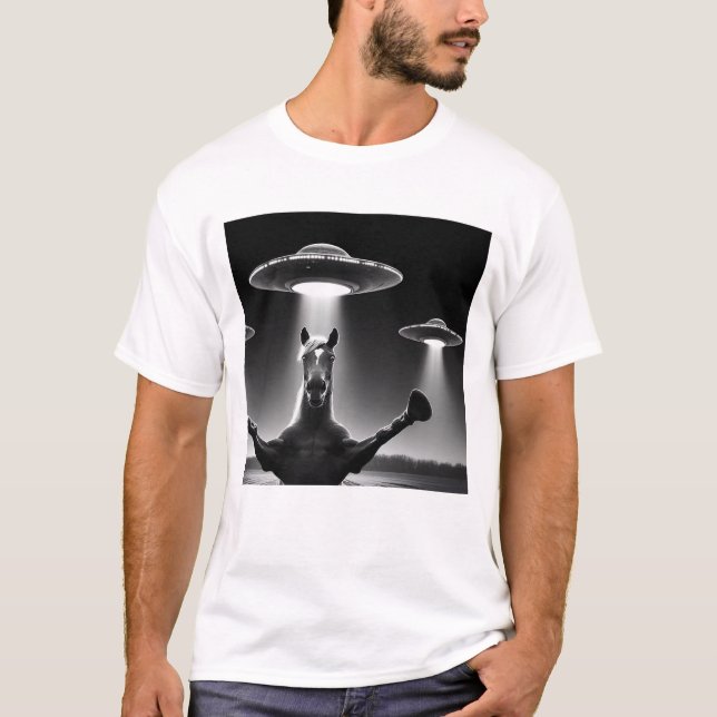 Camiseta Graciosa Selfie de OVNI de Caballo Alien con OVNIs (Anverso)
