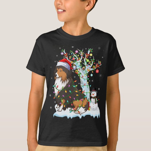 Camiseta Graciosa Sheltie Perro Xmas iluminando Santa Hat S (Anverso)