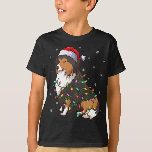 Camiseta Graciosa Sheltie Perro Xmas iluminando Santa Hat S (Anverso)