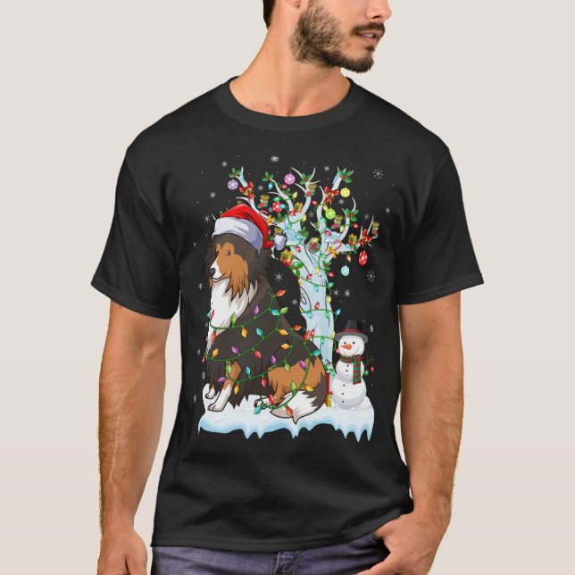Camiseta Graciosa Sheltie Perro Xmas iluminando Santa Hat S (Anverso)