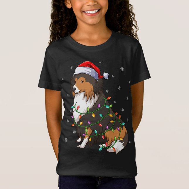 Camiseta Graciosa Sheltie Perro Xmas iluminando Santa Hat S (Anverso)