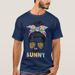 Camiseta Graciosa tía Bunny Leopard Messy Bun Feliz Día de 
