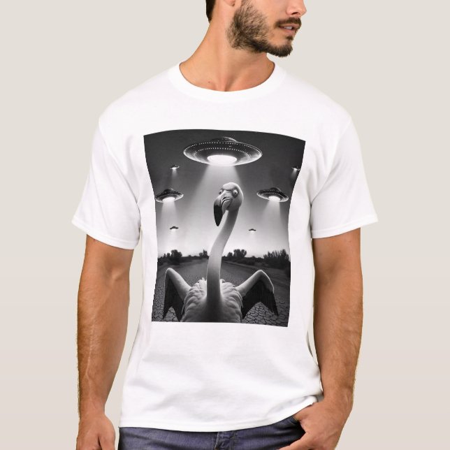 Camiseta Gracioso Alien Flamingo OVNI Flamingo Selfie con O (Anverso)