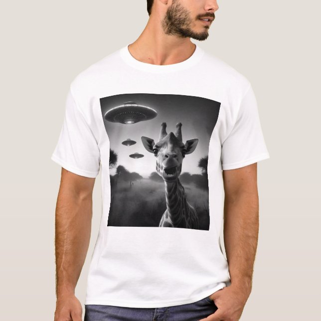 Camiseta Gracioso Alien Giraffe OVNI Racoon Selfie con OVNI (Anverso)