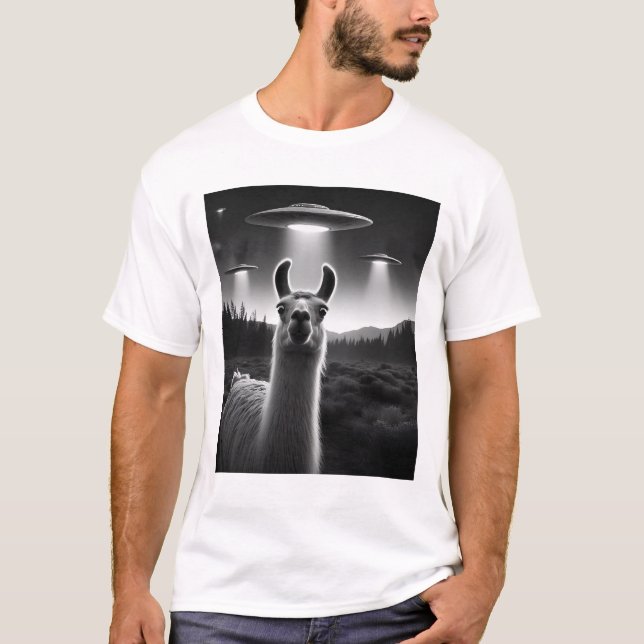 Camiseta Gracioso Alien Llama Selfie de OVNI con OVNIs (Anverso)