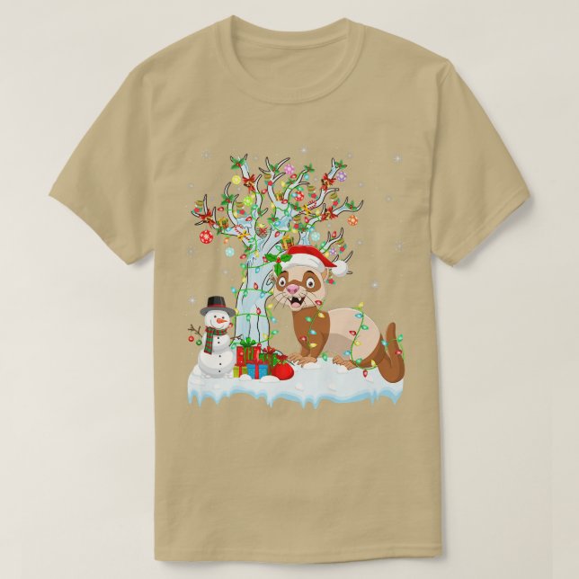 Camiseta Gracioso árbol de navidad Ferret iluminando Santa  (Diseño del anverso)