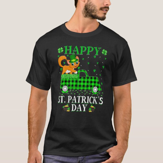 Camiseta Gracioso Búfalo Plaid Green Truck Cat St Patrick's (Anverso)