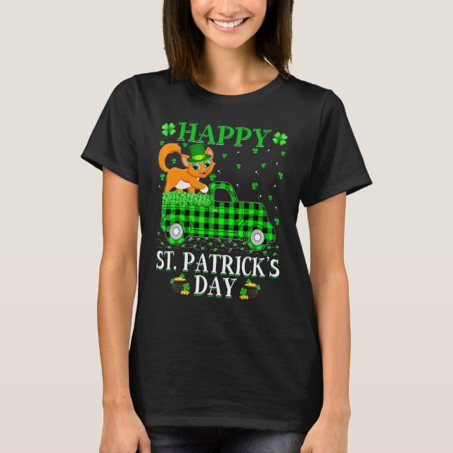 Camiseta Gracioso Búfalo Plaid Green Truck Cat St Patrick's (Anverso)