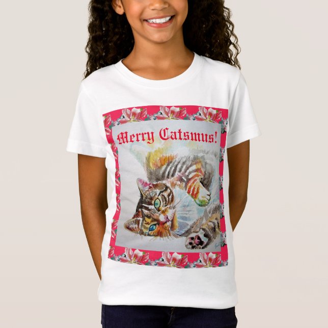 Camiseta Gracioso Cat Merry gatos Navidades Chicas Rojos T  (Anverso)