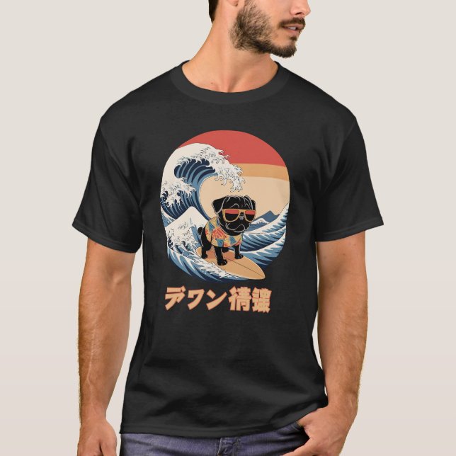Camiseta Gracioso cerdo negro japonés Kanagawa Wave Dog (Anverso)