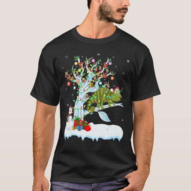 Camiseta Gracioso Chameleon Xmas Árbol iluminando Santa Cha (Anverso)