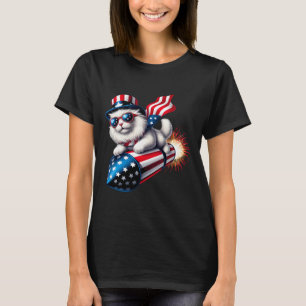 Camiseta Gracioso Cohete De Gato Patriótico Con Fuego El 4 