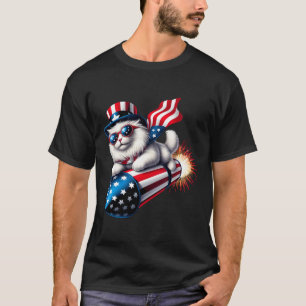 Camiseta Gracioso Cohete De Gato Patriótico Con Fuego El 4