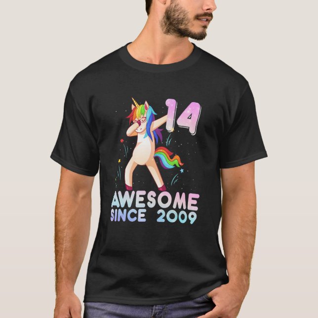 Camiseta Gracioso Dabbing Unicornio 14º Regalos de cumpleañ (Anverso)