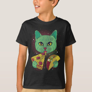 Camiseta Gracioso espacio cósmico Green Alien Cat Eating Pi