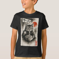 Gracioso gato comiendo fideos de Ramen Sumi-e japo