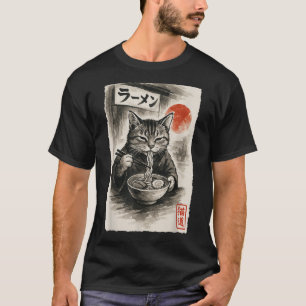 Camiseta Gracioso gato comiendo fideos de Ramen Sumi-e japo