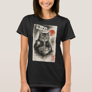 Camiseta Gracioso gato comiendo fideos de Ramen Sumi-e japo