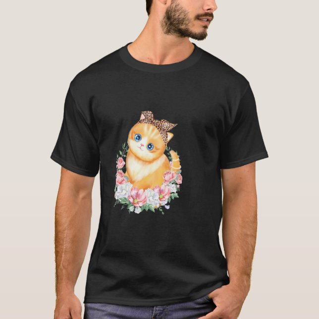 Camiseta Gracioso gato con cabezal de leopardo Boho Flower  (Anverso)