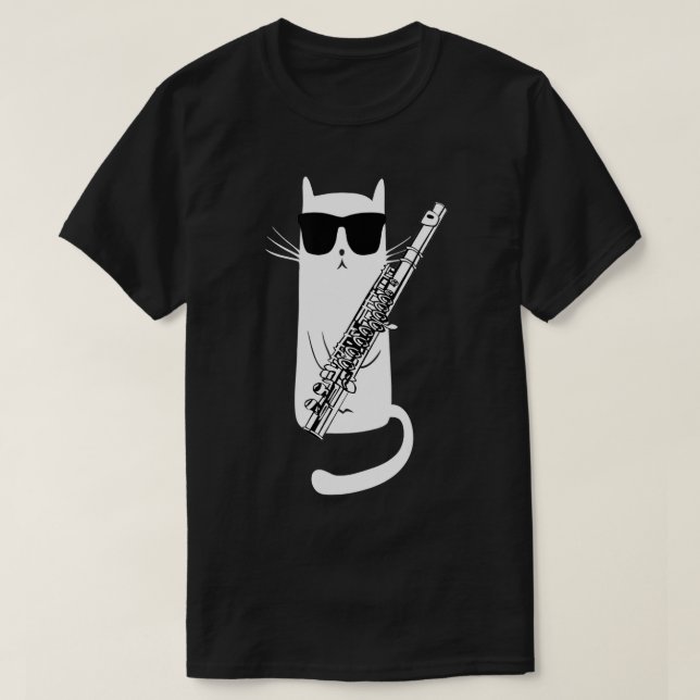 Camiseta Gracioso gato con gafas de sol jugando flauta (Diseño del anverso)
