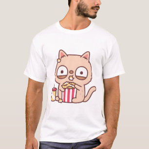 Camiseta Gracioso Gato Crema Comer Popcorn