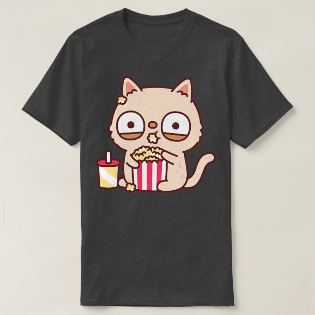 Camiseta Gracioso Gato Crema Comer Popcorn (Diseño del anverso)