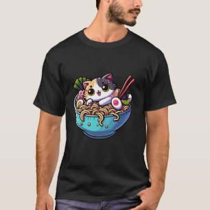 Camiseta Gracioso gato de anime de Kawaii en el Ramen Bowl 
