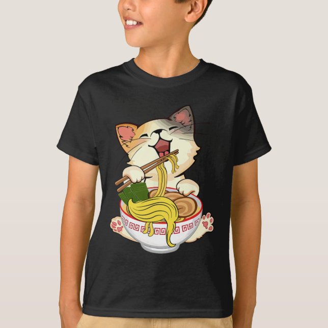 Camiseta Gracioso gato de Kamala Anime comiendo fideos de R (Anverso)