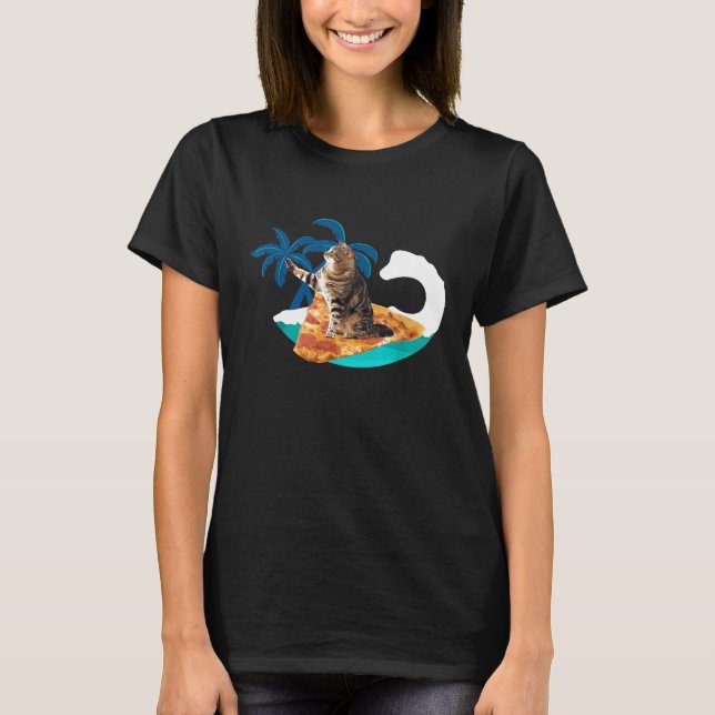 Camiseta Gracioso Gato De Pizza Surfing Fun Surge En Kitty  (Anverso)