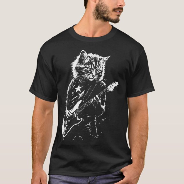 Camiseta Gracioso Gato De Rock Tocando Guitarra Para Música (Anverso)