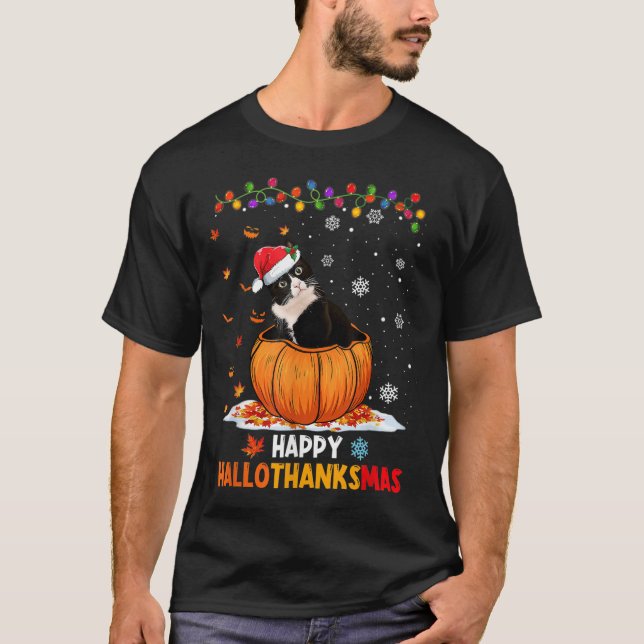 Camiseta Gracioso Gato De Tuxedo En Calabaza Feliz Hallotha (Anverso)