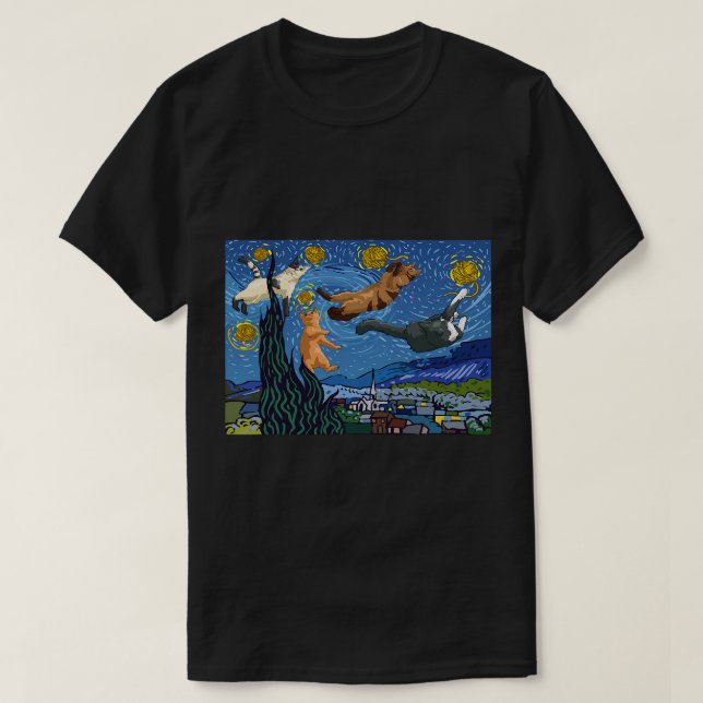Camiseta Gracioso gato estrellado de noche pintado de arte  (Diseño del anverso)
