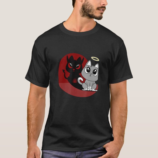 Camiseta Gracioso Gato Gris Ángel Malo Gato Sombra Mal Dia (Anverso)