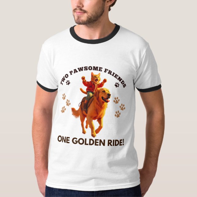 Camiseta Gracioso gato jengibre montado en el Golden Retrie (Anverso)