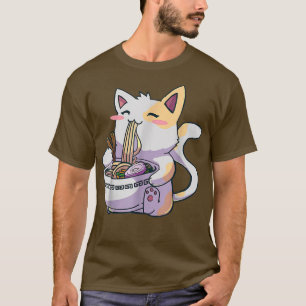 Camiseta Gracioso gato Kawaii comiendo Ramen Anime japonés 