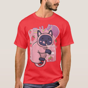 Camiseta Gracioso Gato Kawaii Leche De Fresa Sacude Japonés